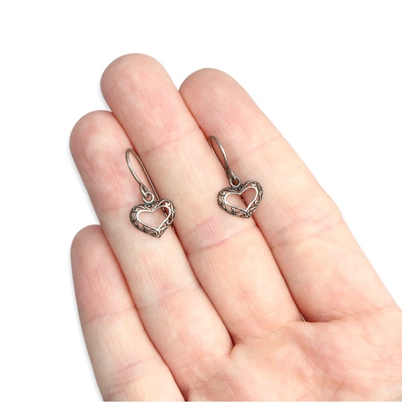 Vintage Sterling Silver Open Heart Dangle Earrings Ornate Filigree Openwork - Picture 3 of 3